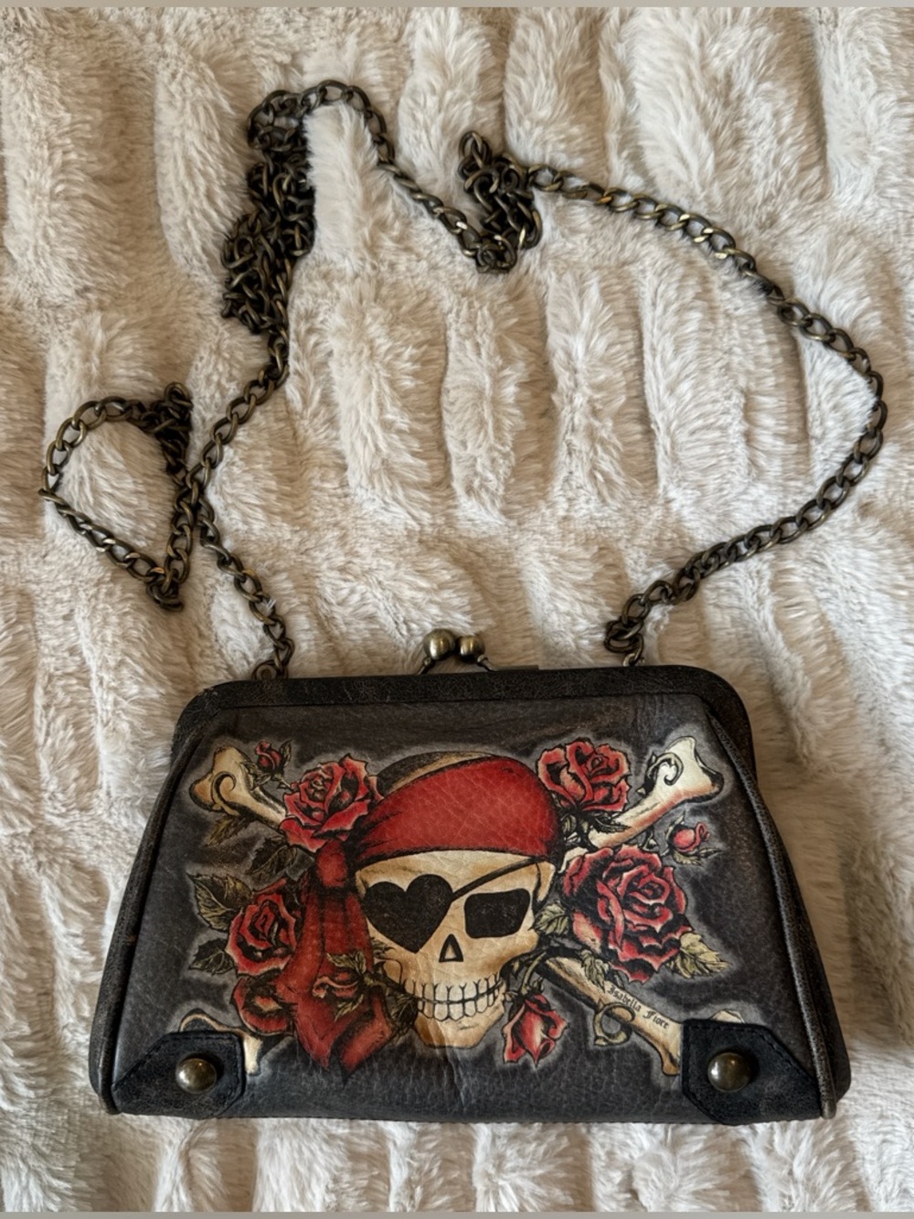 Isabella Fiore Vintage Y2K Skull and Roses Leather Crossbody Bag